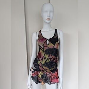 Desigual Multicolor Floral Mesh Tank Top with Keyhole